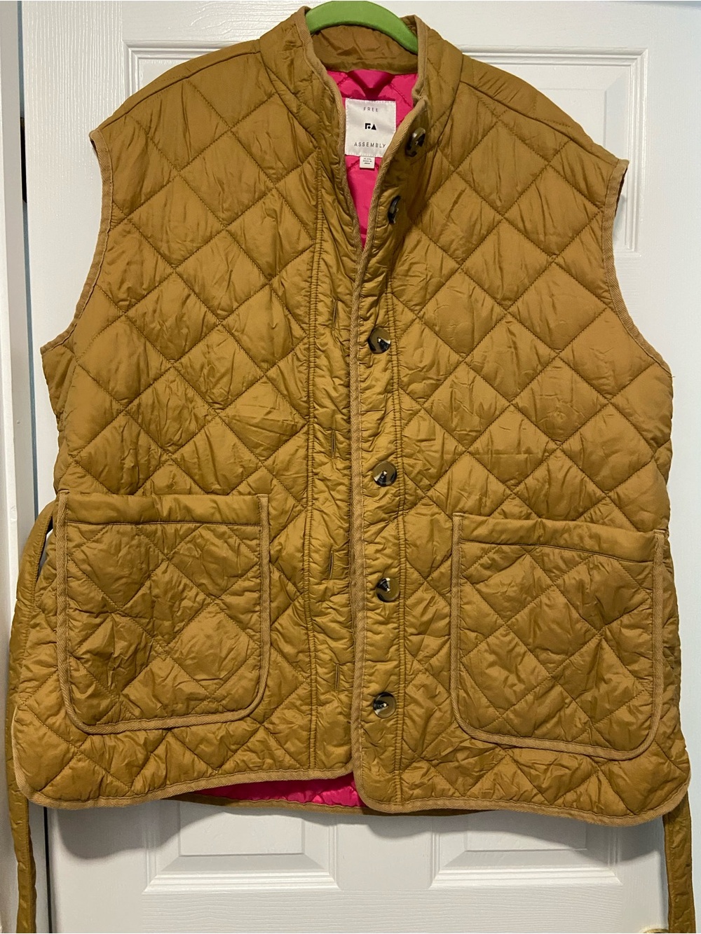 Free Assembly Quilted Mustard Brown Vest with Contrast Pink Lining